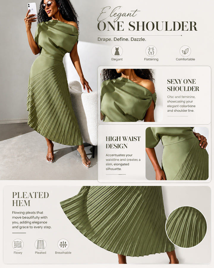Women's Elegant Open Shoulder Dress With Pleated Panel Maxi Satin Women Outfit