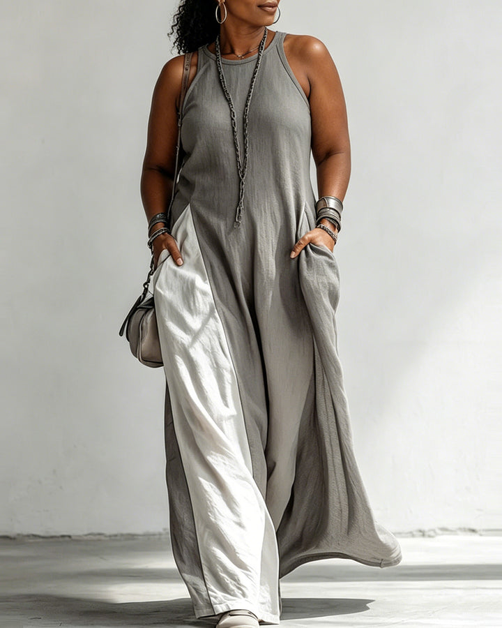 Sleeveless Loose-fitting Pocket Color-blocked Casual Off-shoulder Dress