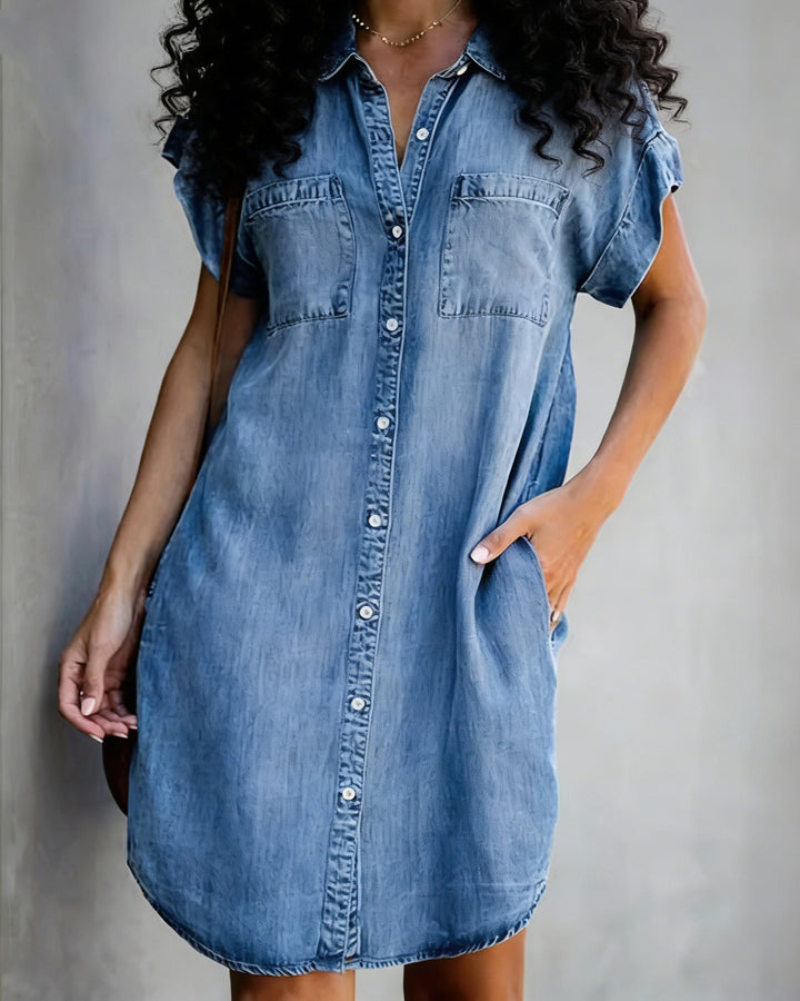 Collared Button-down Stretch Denim Mini Dress