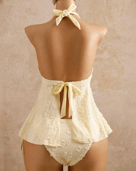 Lace Halter Neck Tie Ruffle Two-piece Swimsuit