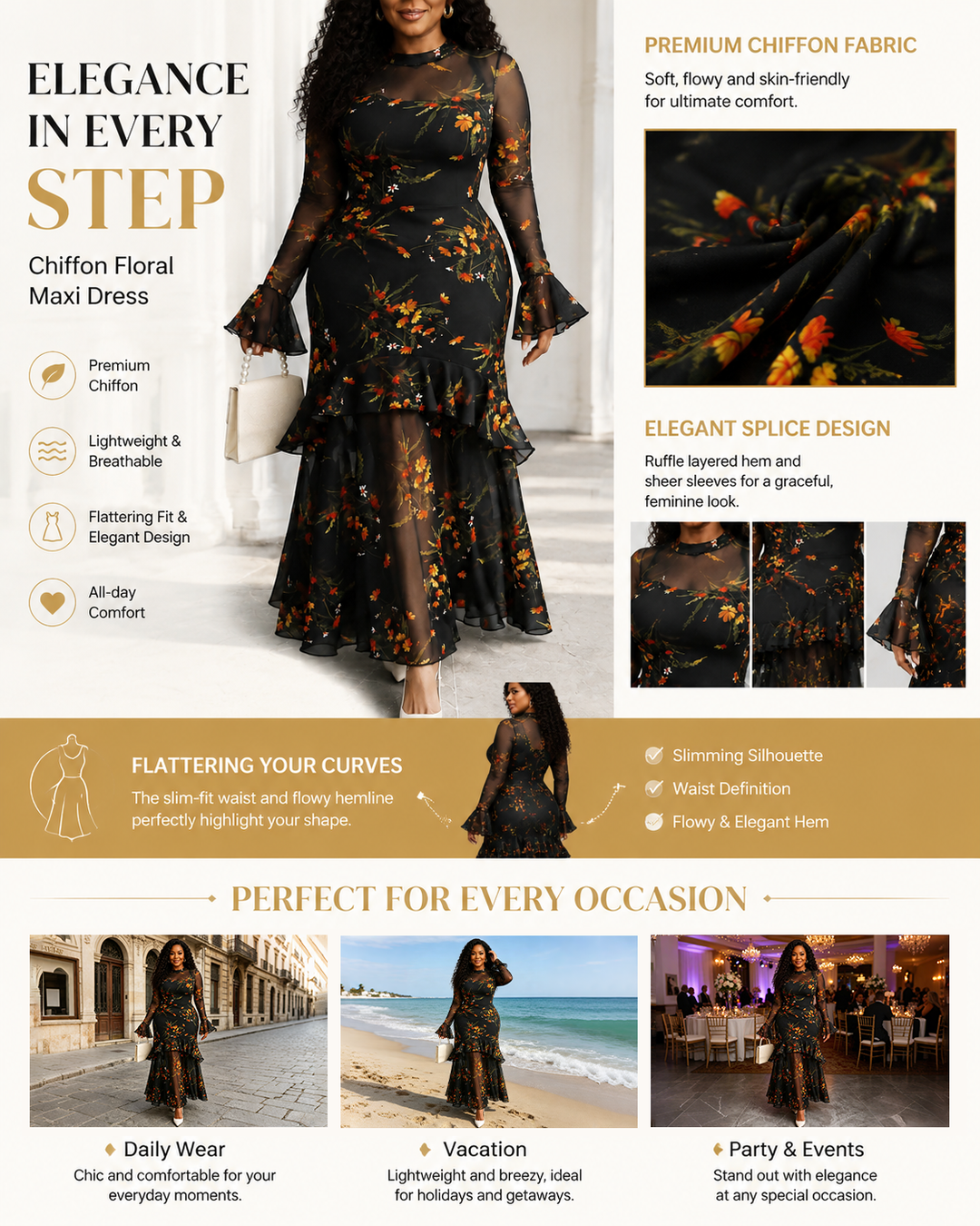 Elegant Sexy Mesh Patchwork Colorful Floral Print Retro Flare Sleeve Ruffle Hem Layered Dress