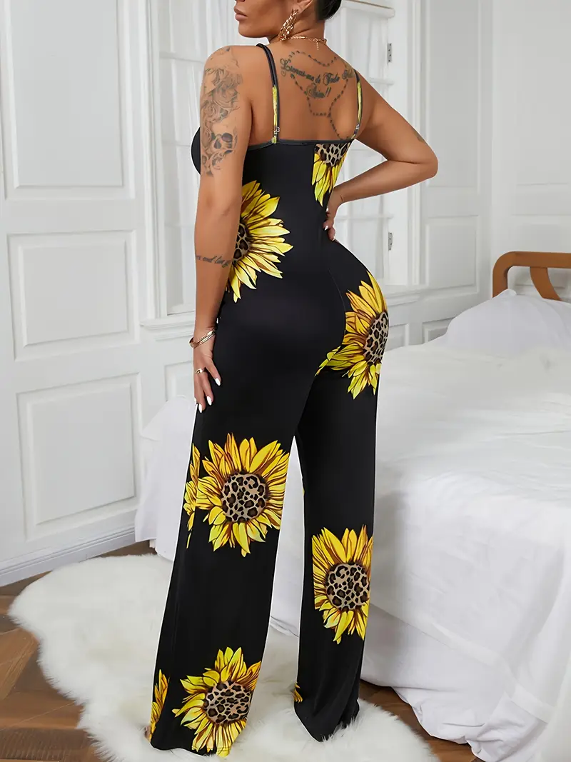Sunflower Print Sleeveless Straight Jumpsuit