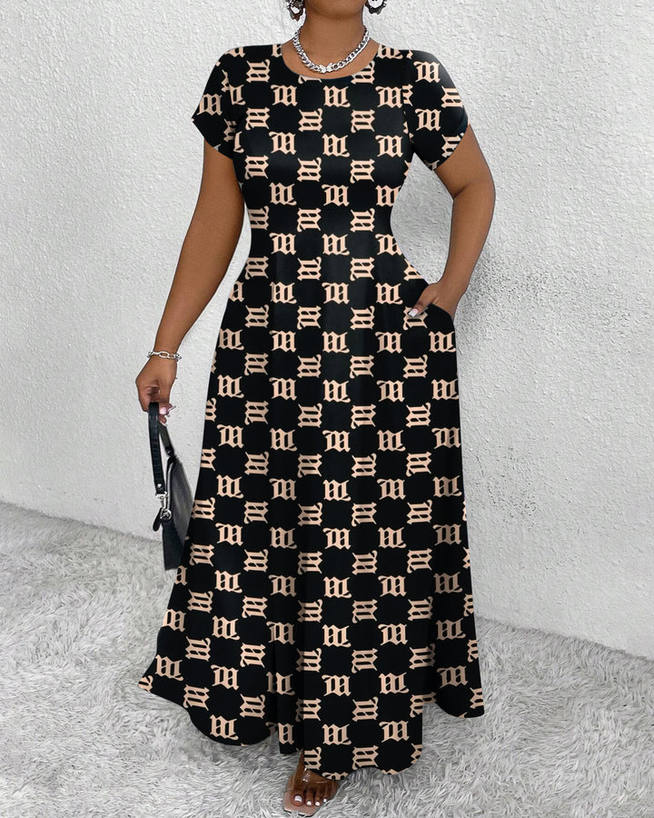 Rose Gold Letters Round Neck Short Sleeve Maxi Dress