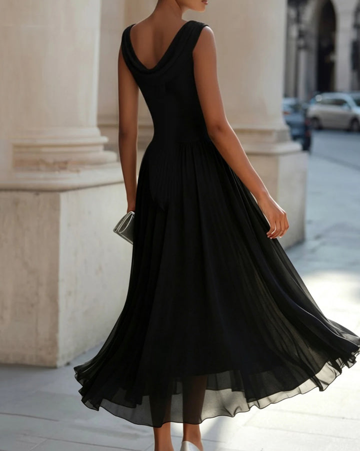 Draped Neck Sleeveless Pleated Maxi Dress