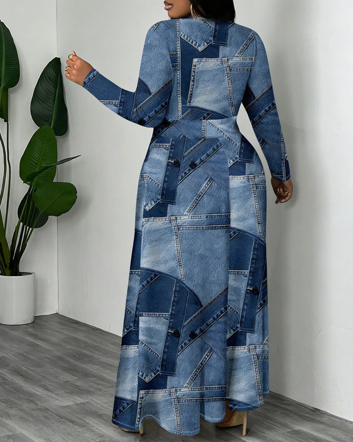 Blue Denim Patch Print Crewneck Long Sleeve Pocket Dress
