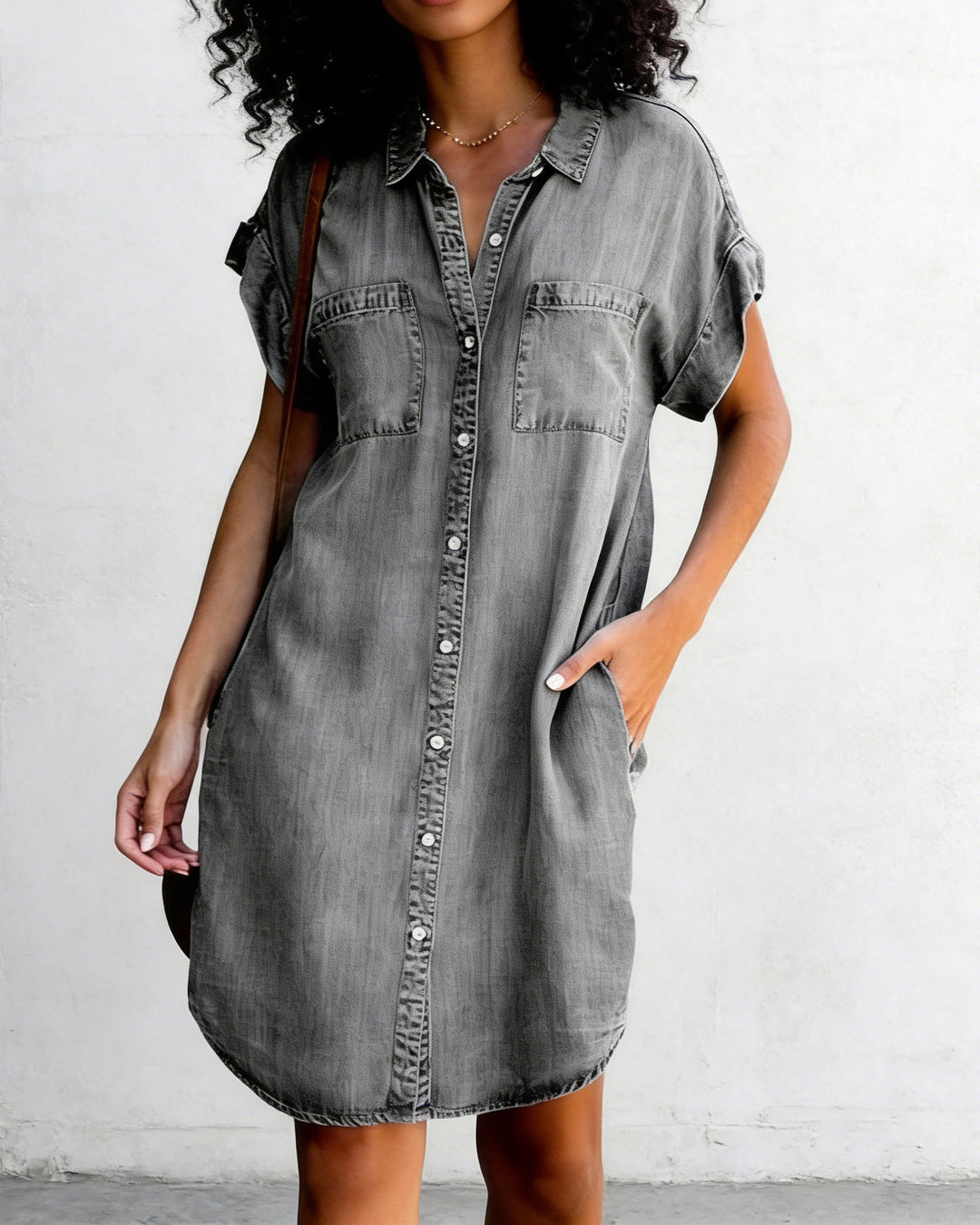 Collared Button-down Stretch Denim Mini Dress