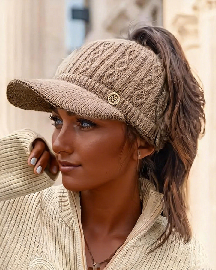 Women's Winter Knitted Hat, Lined, Non-Stretch Acrylic Material, Flat Top, Knitted Structure, Breathable Beret - Foldable Design