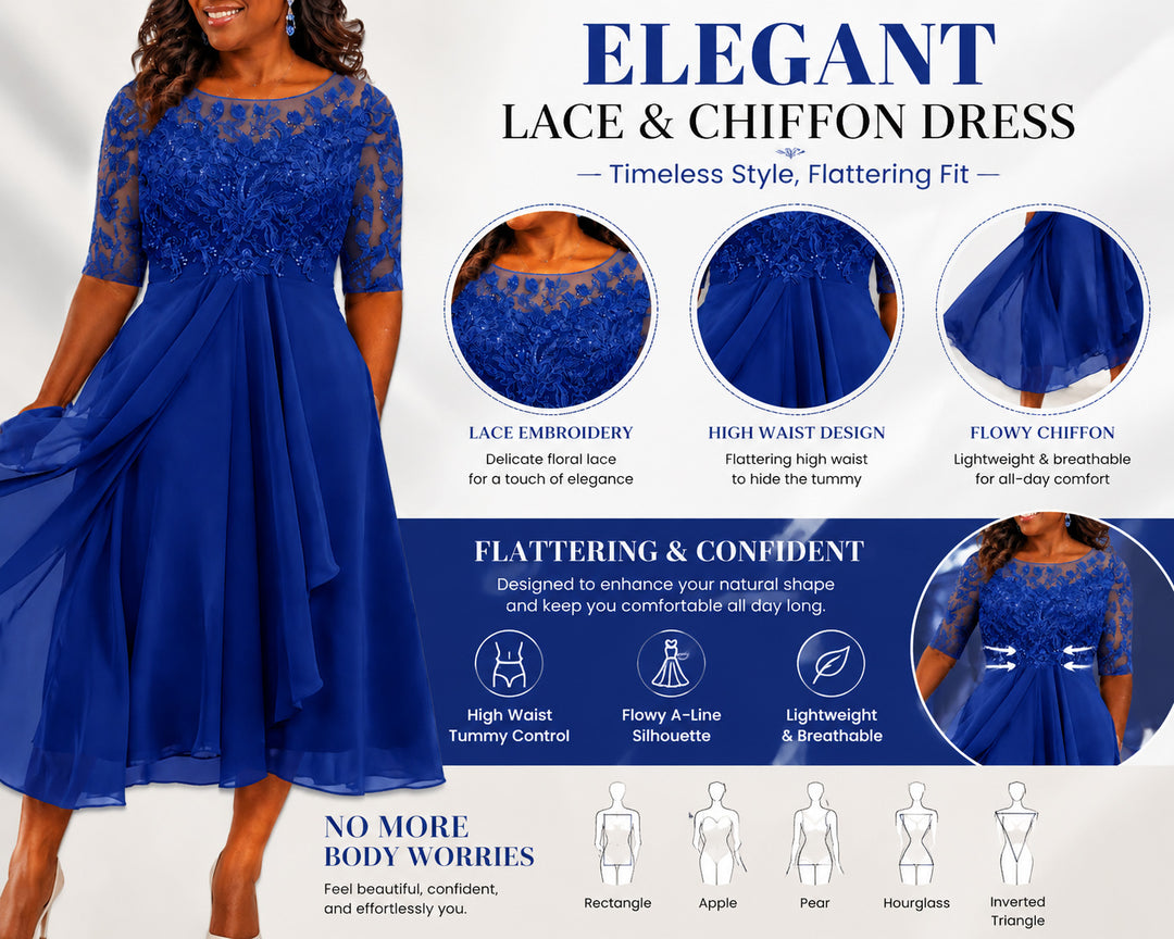 Women's Short Sleeve V-Neck Embroidery Lace Chiffon Dress
