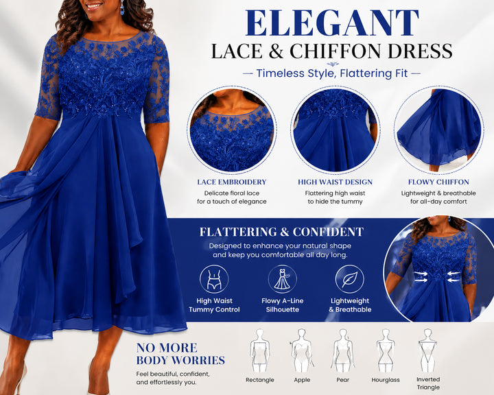 Women's Short Sleeve V-Neck Embroidery Lace Chiffon Dress