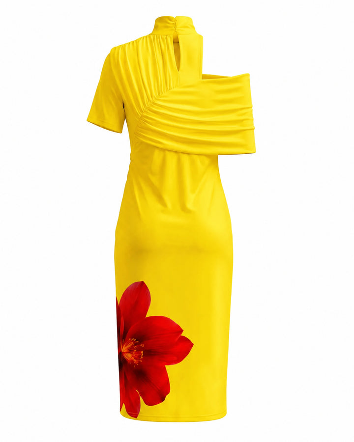 Elegant Large Flowers One-shoulder Draped Asymmetrical Midi Dress
