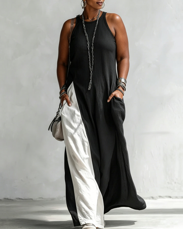 Sleeveless Loose-fitting Pocket Color-blocked Casual Off-shoulder Dress