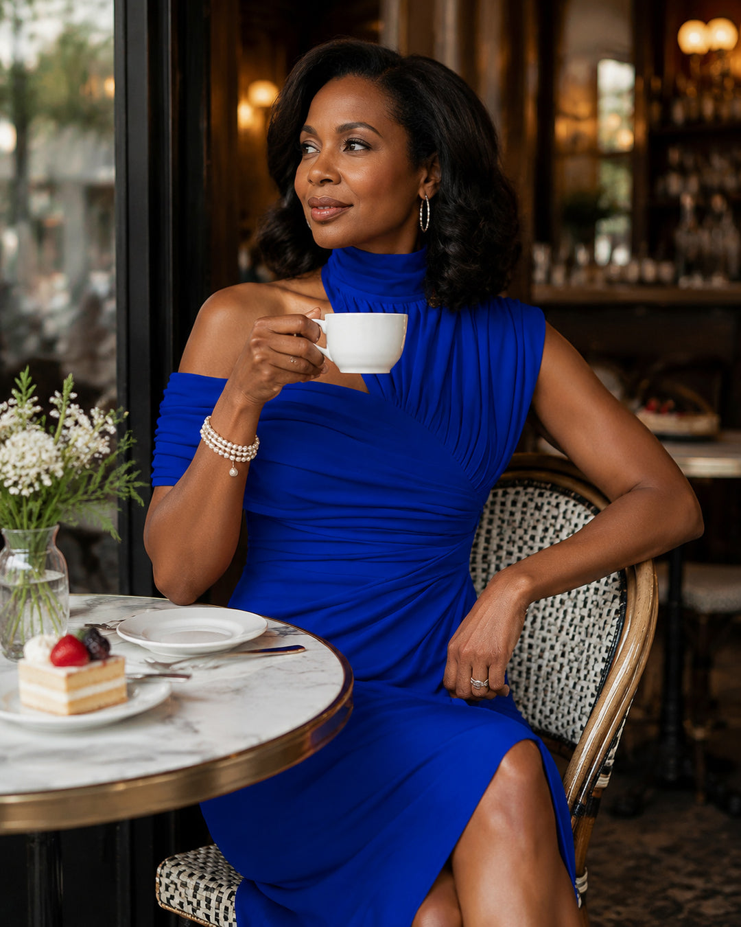 Solid color One-shoulder Draped Asymmetrical Midi Dress