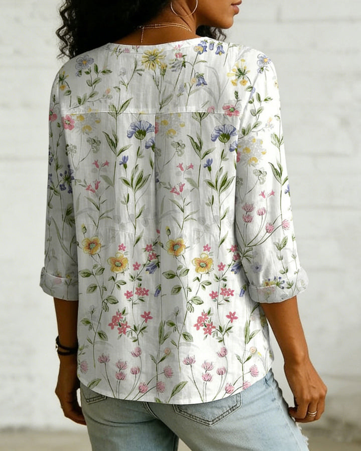 Bohemian Floral Print V-neck Button-down Style Top