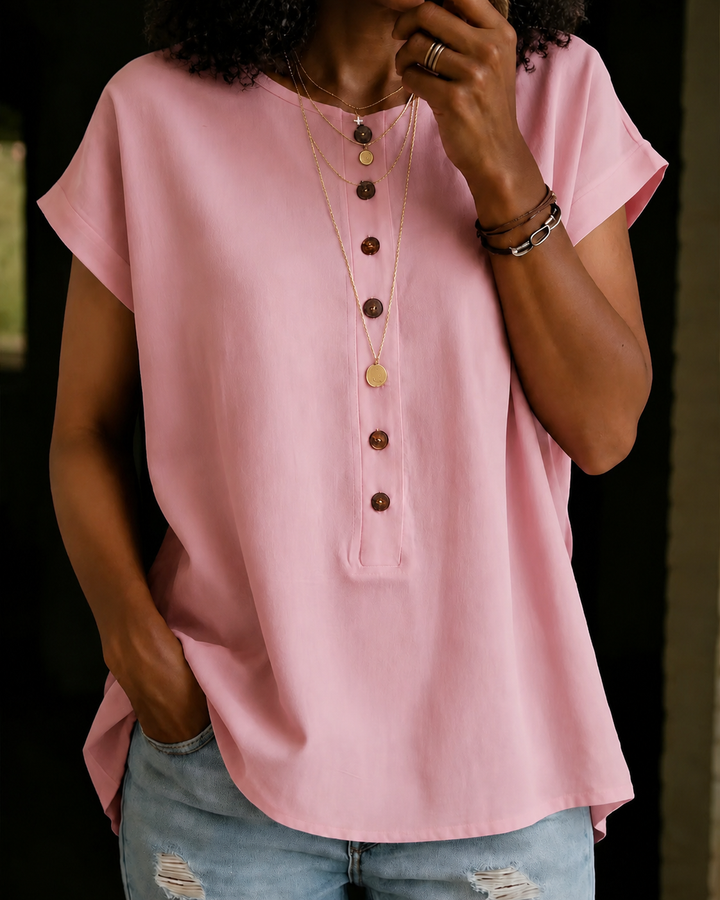 Round Neck Short-sleeved Button-down Solid Color Top