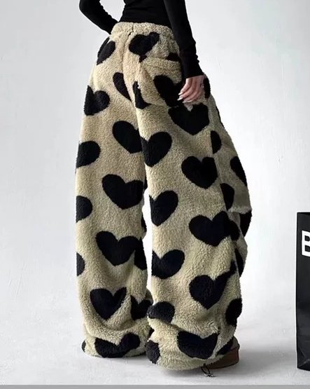 Love Lamb Fleece Casual Sports Straight Leg Pants Retro High Waist Wide Leg Pants