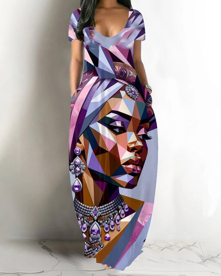 V-neck African Women's Art Pocket Maxi Dress