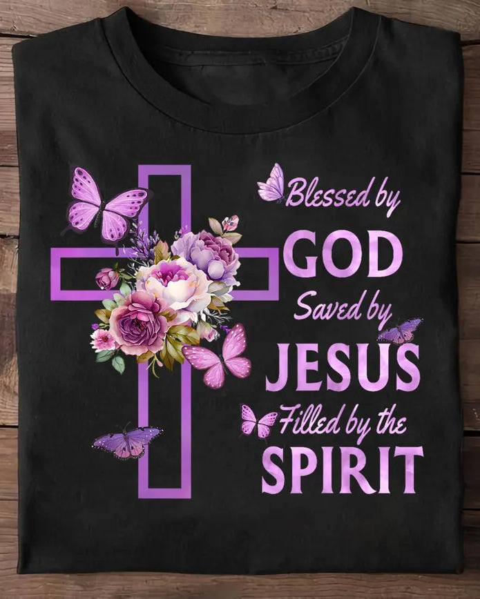 100% Cotton Blessed By God Saved By Jesus Crew Neck Short Sleeve Tshirt