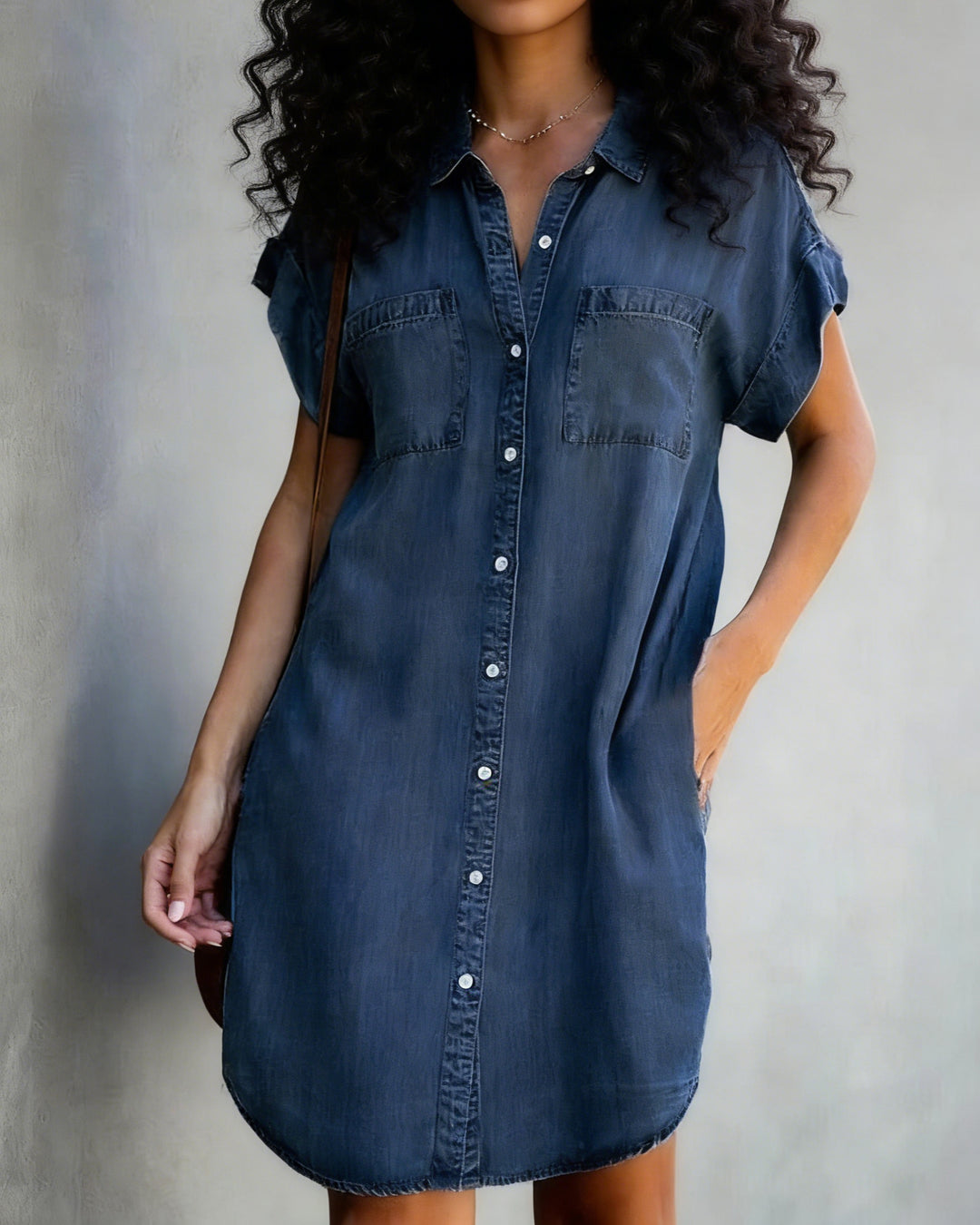 Collared Button-down Stretch Denim Mini Dress