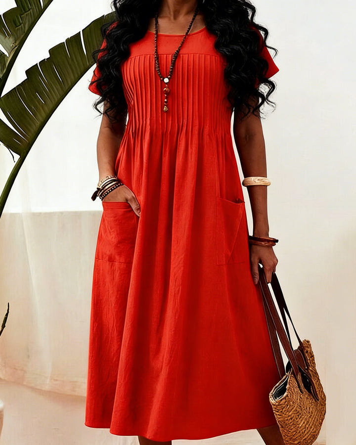 Round Neck Pocket Pleated Short Sleeve Cotton Linen Dress