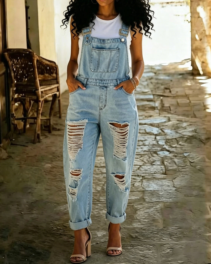 Mid-rise Distressed Denim Overall Jumpsuit