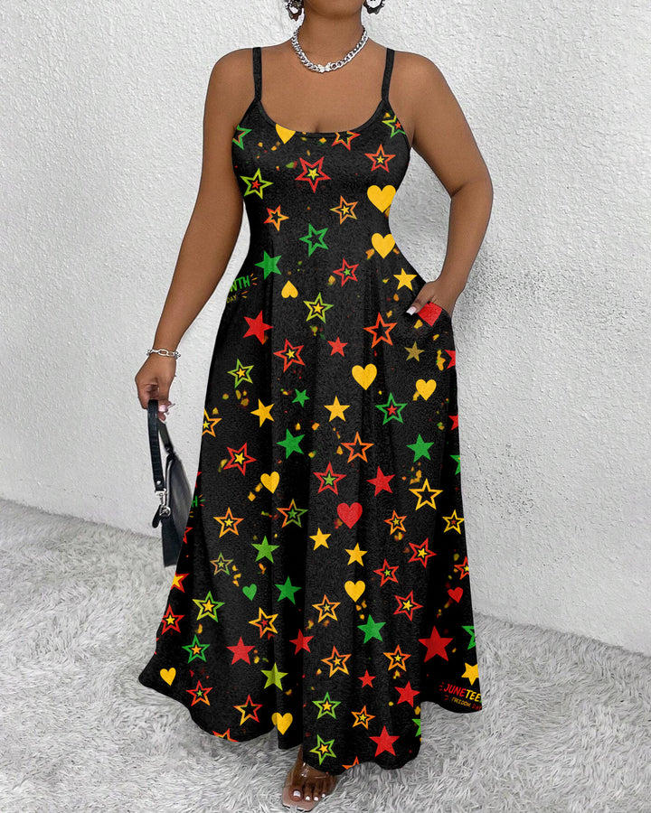 Sling Reggae-colored Stars and Hearts Print Pocket Maxi Dress