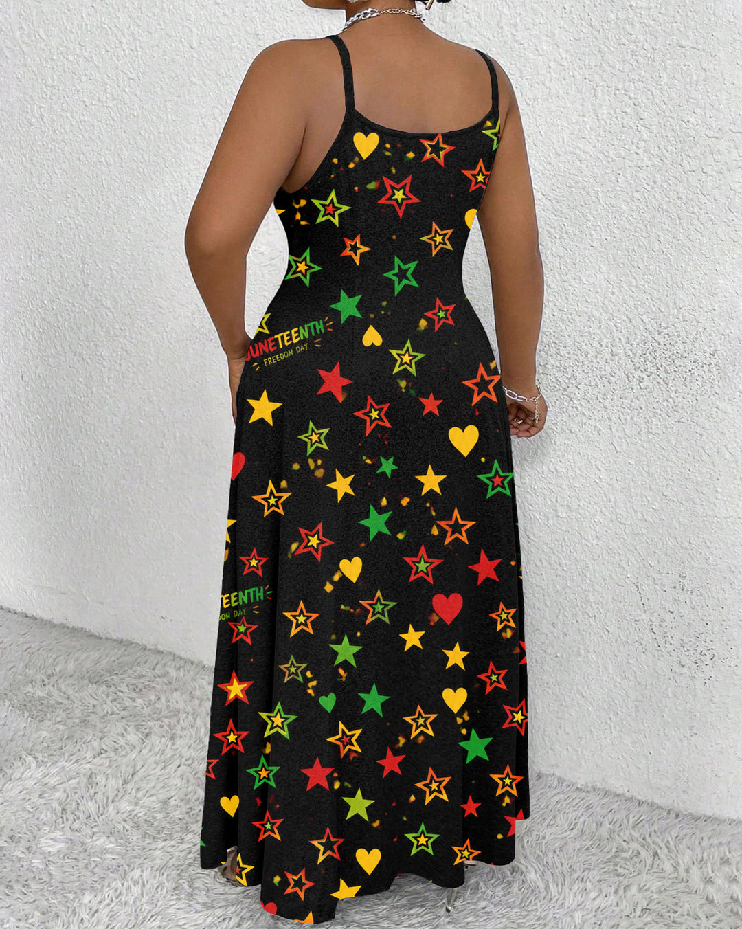 Sling Reggae-colored Stars and Hearts Print Pocket Maxi Dress