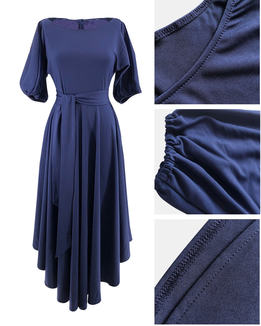 Asymmetrical Shoulder Tie-up Puff Sleeve Solid Color Maxi Dress