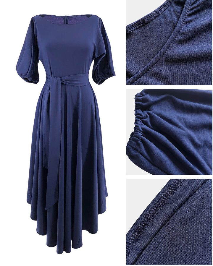 Asymmetrical Shoulder Tie-up Puff Sleeve Solid Color Maxi Dress