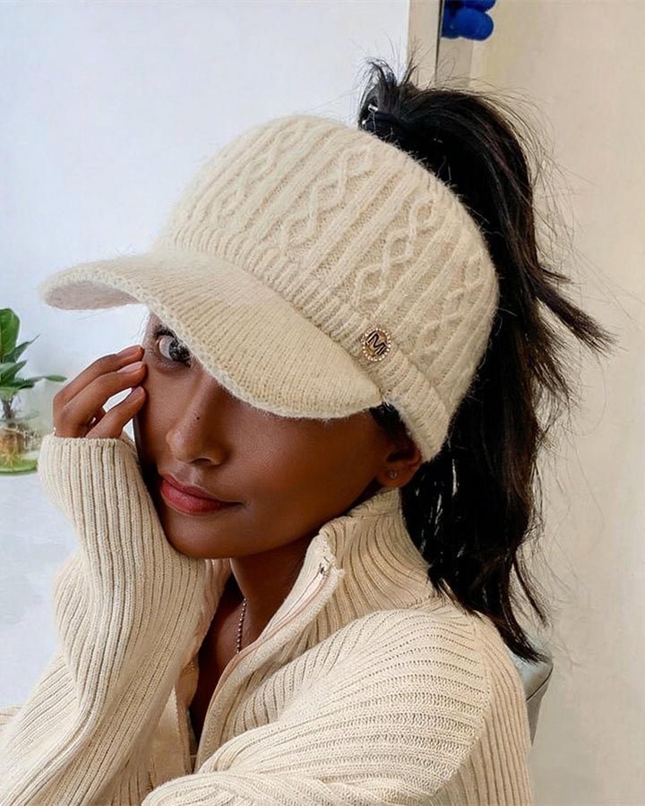 Women's Winter Knitted Hat, Lined, Non-Stretch Acrylic Material, Flat Top, Knitted Structure, Breathable Beret - Foldable Design