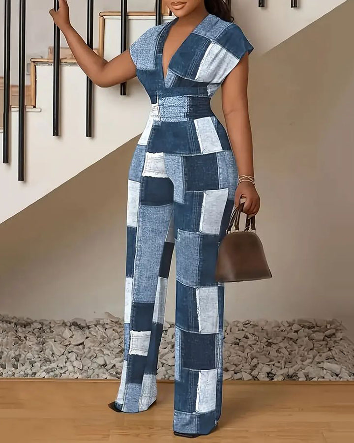 Color-blocked Denim Patches V-Neck Waist Straight Jumpsuit