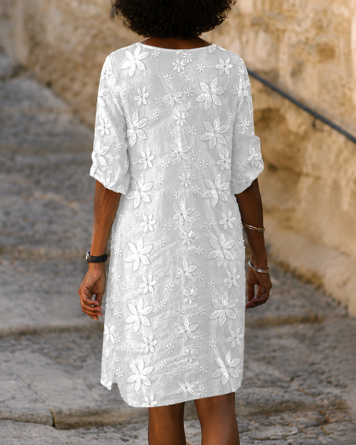 V-neck 5/4 Sleeve Mesh Embroidered Mini Dress