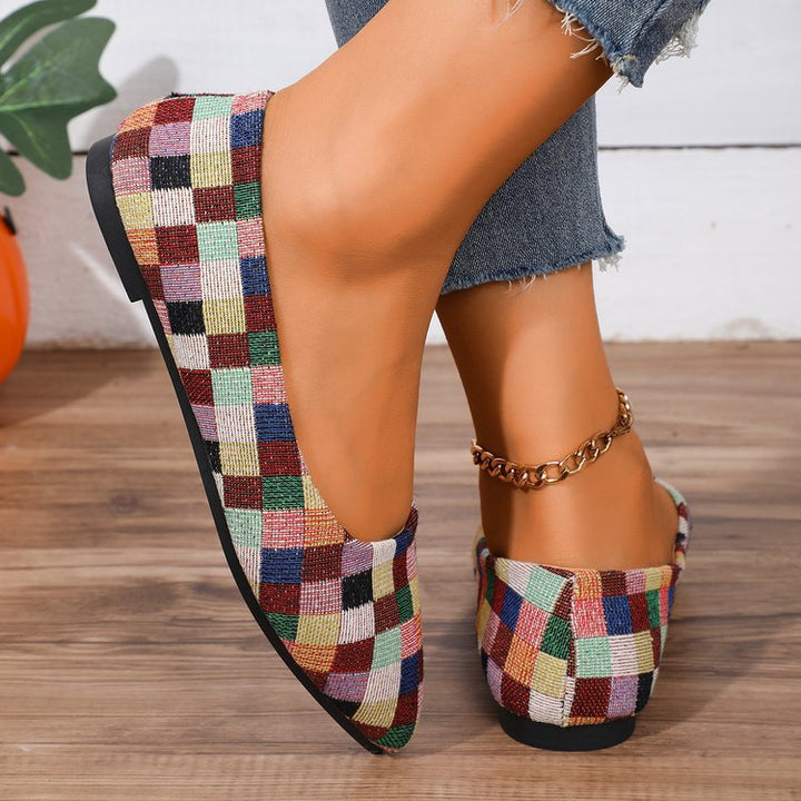 Pointed Toe Flat-soled Shallow-cut Plaid Shoes