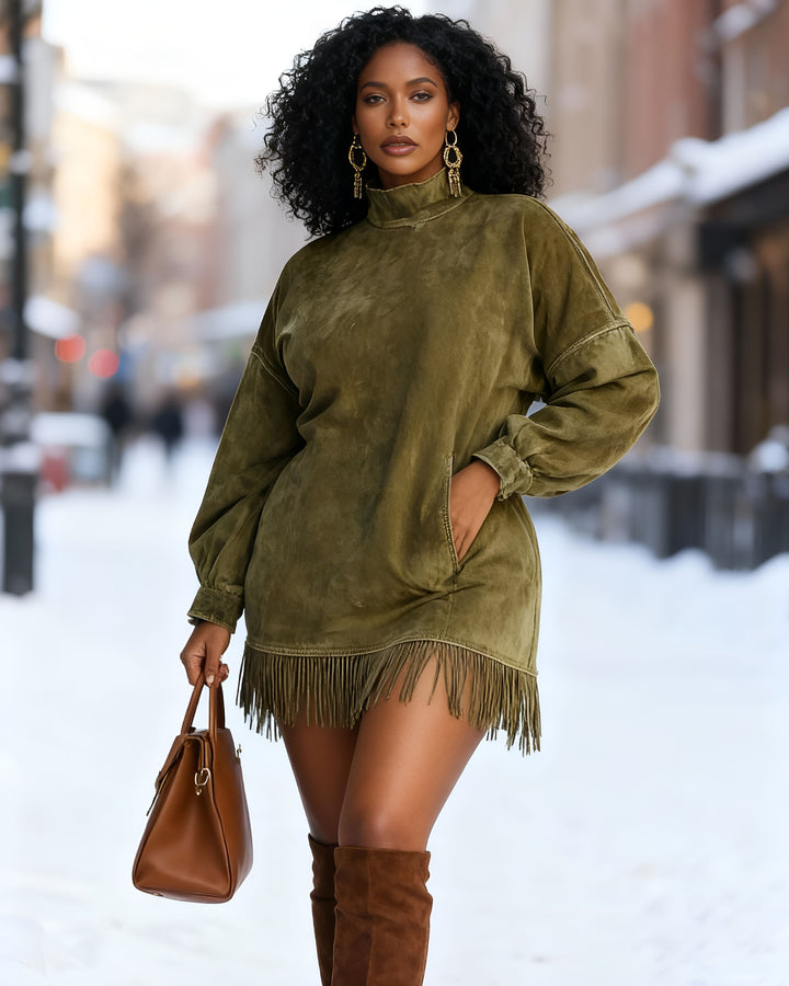 Casual Suede Tassel Hem Balloon Sleeve Mini Dress