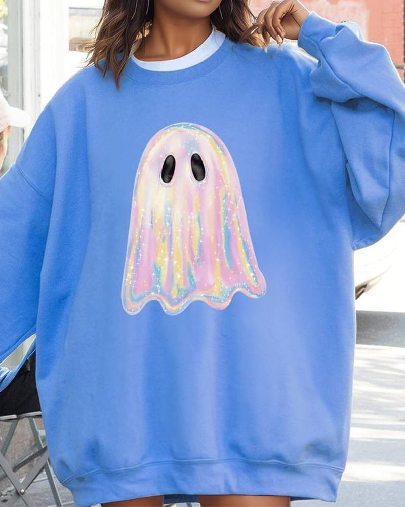 Sparkling Ghost Halloween Print Cotton Long Sleeve Sweatshirt