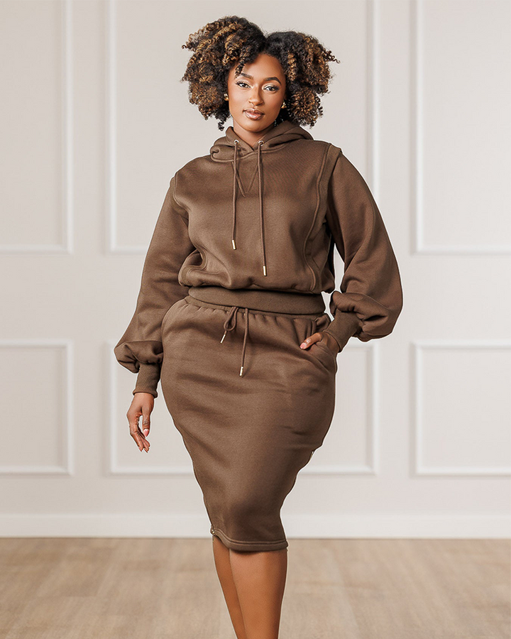 High-Waisted Fitted Heavy-Weight Skirt Sweat Set with Drawstring Waist, Pockets & Side Zipper