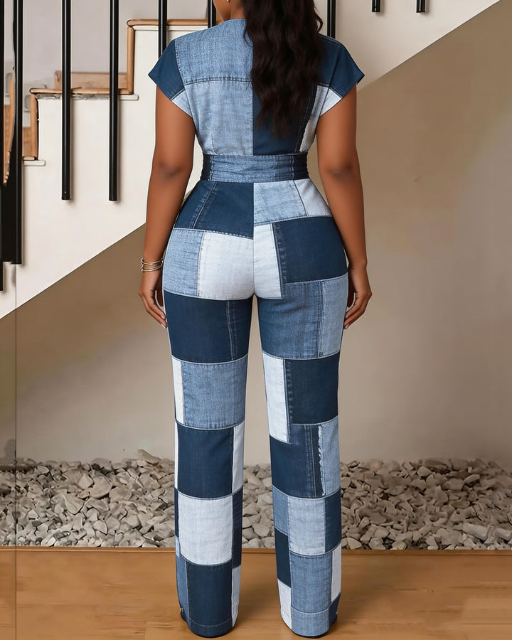Color-blocked Denim Patches V-Neck Waist Straight Jumpsuit