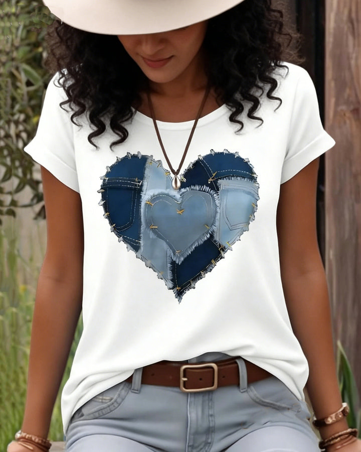 Denim Patch Love Heart Print Cotton Short Sleeve Tshirt