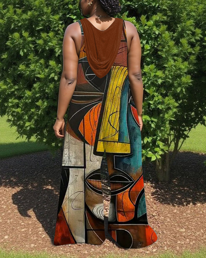 Abstract African Art Print V-Neck Hooded Sleeveless Jumpsuit