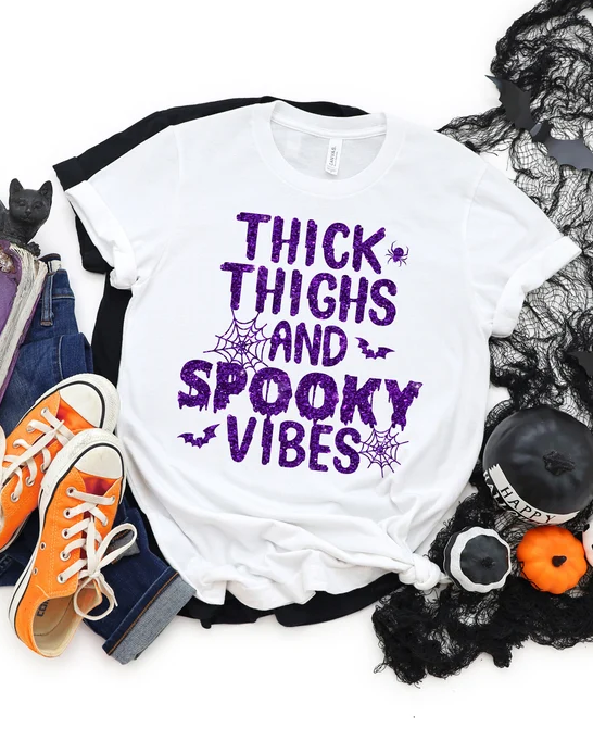 Thick Thighs Spooky Vibes 100% Cotton Crew Neck Short Sleeve Tshirt