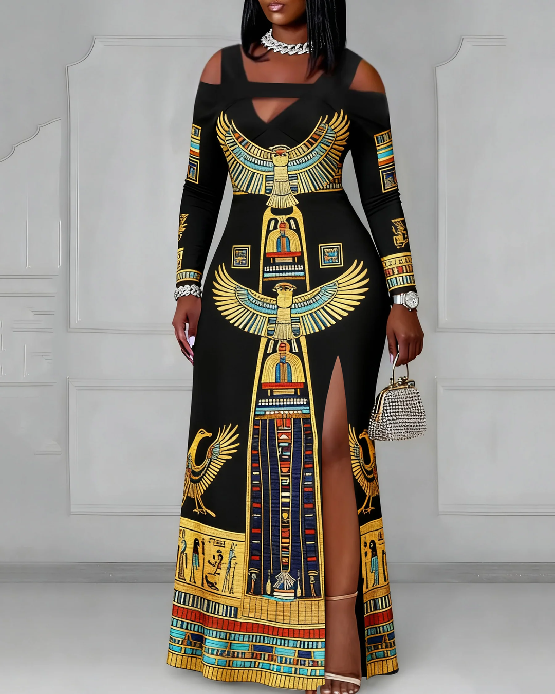 Cutout Off-shoulder V-neck Black Culture Egyptian Anka Symbol Long Sleeve Bodycon Party Dress