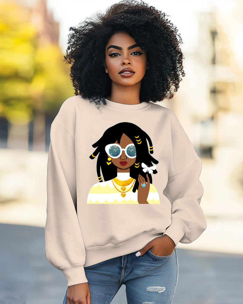 Fashionable long-Sleeved Sweatshirt With Black Girl Illustration Portrait Print