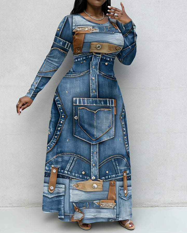 Fun Denim Pocket Patch Print Crewneck Long Sleeve Pocket Dress