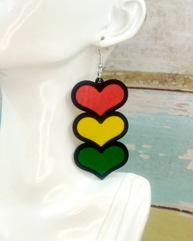 Reggae Heart Multicolor Wood Cut Earrings