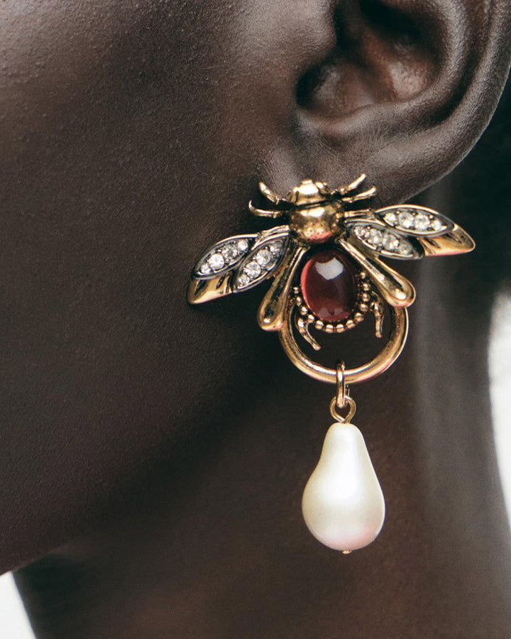 Teardrop Pearl Diamond Bee Earrings