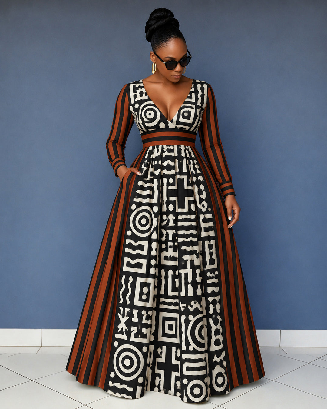 Women's Totem and Stripe Patchwork V Neck Long Sleeve Maxi Dress