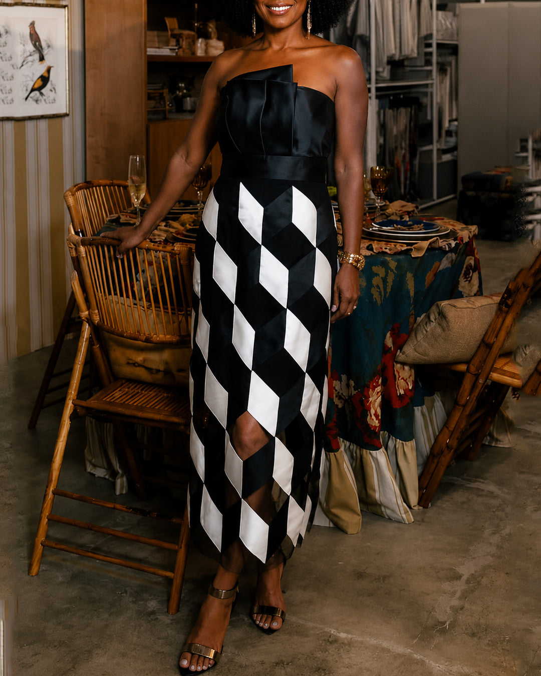 Sexy Tube Top and Backless Rhombus Contrast Midi Dress