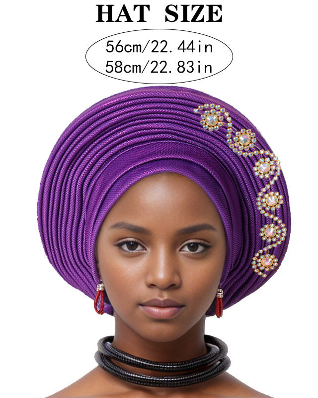 African Auto Gele Headtie Pre‑Tied Headwrap, Rhinestone Embellished Traditional Nigerian Turban Cap