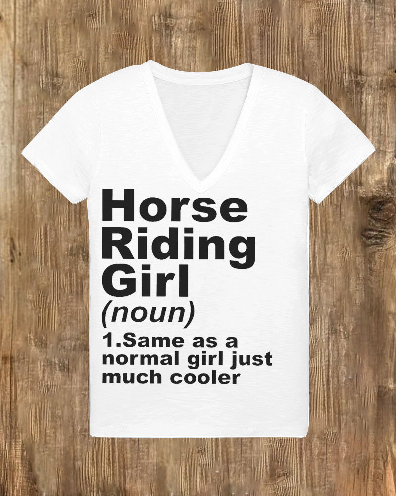 Horse Riding Girl V Neck Short Sleeve Cotton T-shirt
