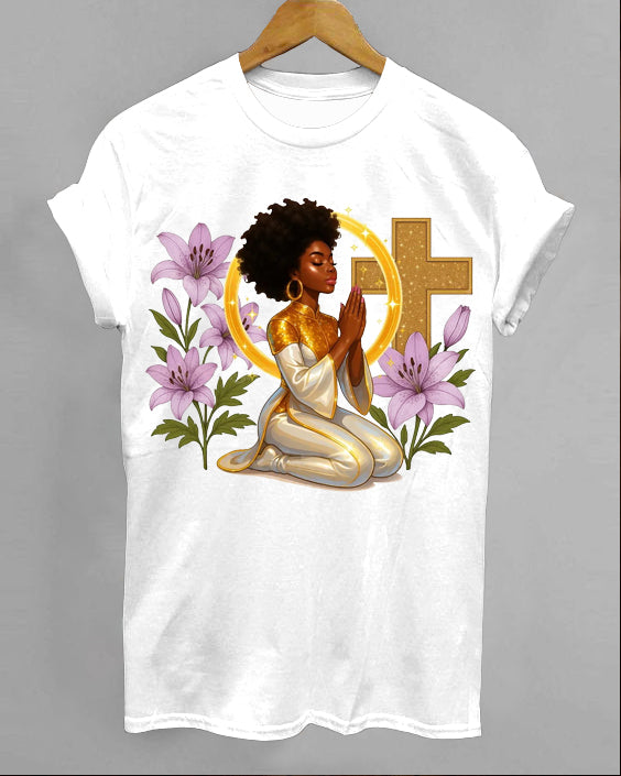 Faith Praying Woman Crew Neck Short Sleeve Cotton T-Shirt
