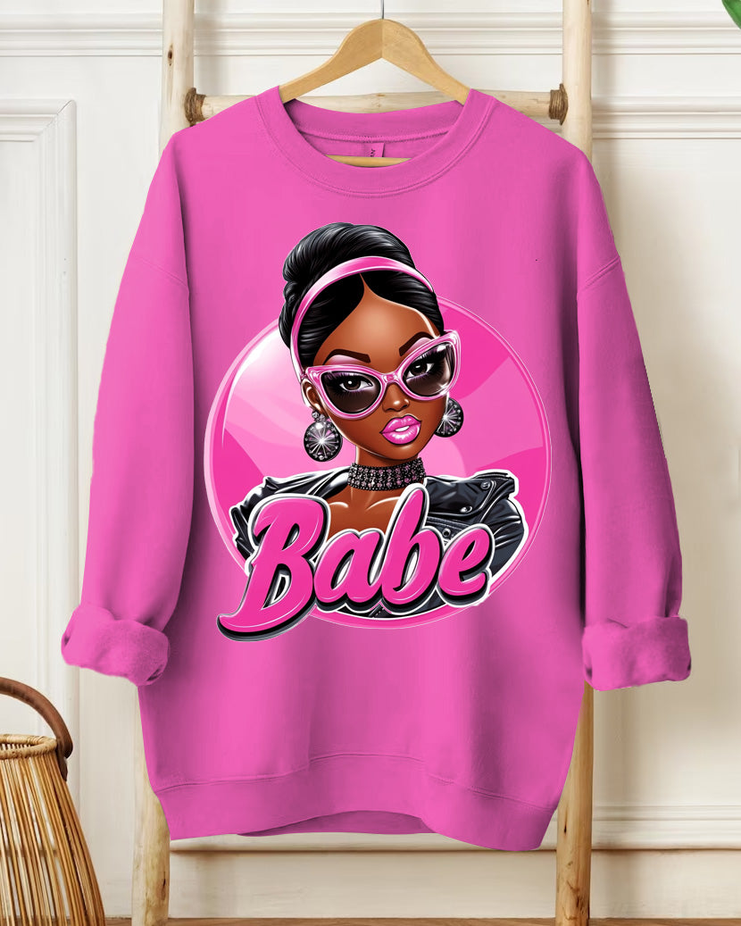Fashion Doll Print Round Neck Long Sleeve Casual Sweatshirt